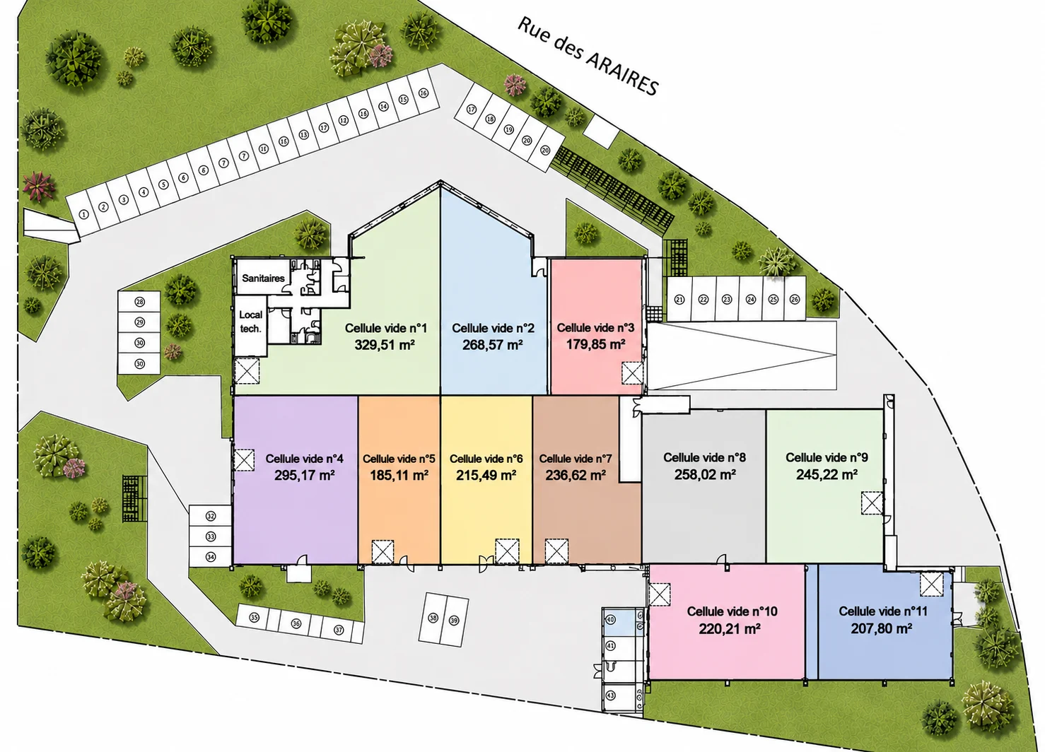 Plan masse du site Shamrock Park — implantation des 11 cellules et parkings